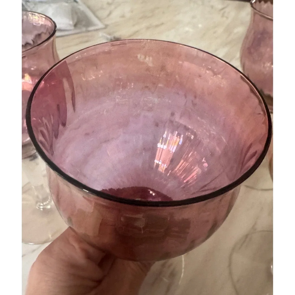 Vintage Amethyst Purple Iridescent Optic Ribbed Wine Glasses Set of 4, 6.5